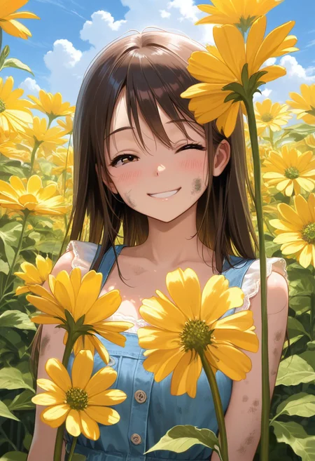 masterpiece, best quality, amazing quality, soviet, spring, girl works in her garden, she is smiling, outdoors, dirty, day, blue sky, cloudy sky,