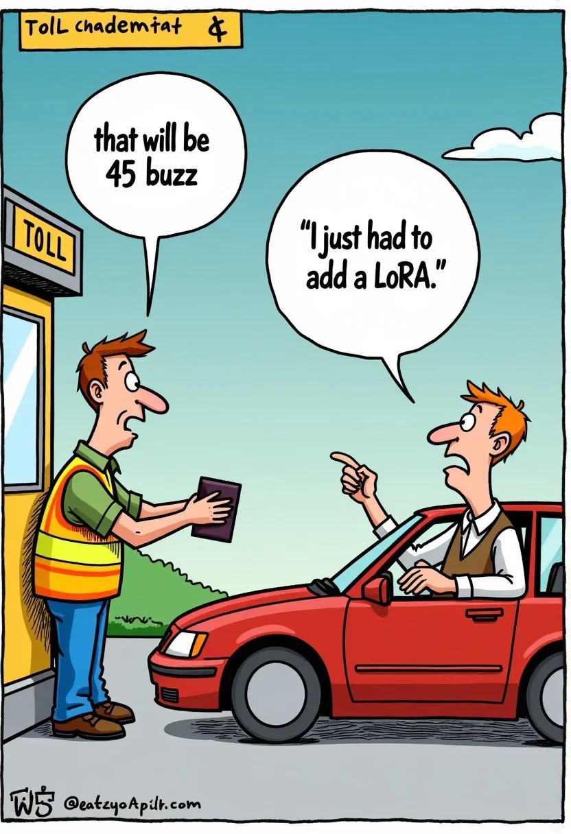 Photorelistic,
Two men, one man standing in a toll booth wearing a safety vest with a speach bubble reading; "that will be 45 buzz."
The other man is setting in his car at the toll booth angrily handing over his wallet to the man in the toll booth, man in car has a speach bubble reading; "I just had to add a LoRA."