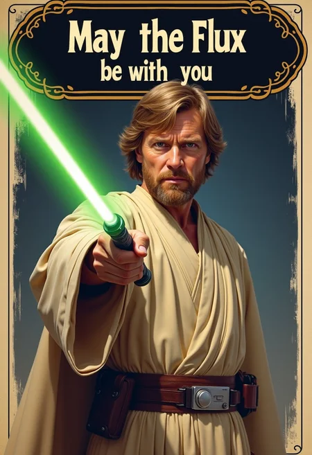 Jedi knight Obi Wan Kenobi pointing at the viewer on the top of the Image there ist a sign with the words "May the Flux be with you"