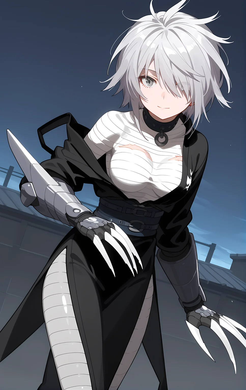 (score_9, score_8_up, score_7_up), standing, leaning forward, looking at viewer, light smile, closed mouth, shiny skin, tight clothes,
ohwx, 1girl, solo, solo_focus, breasts, medium_breasts, hair_over_one_eye, short_hair, white_hair, grey_hair, grey_eyes,
bandages, claw_\(weapon\), claws, torn_clothes, japanese_clothes, choker, sarashi, belt, scar, sash, boots, gauntlets, spikes, long_sleeves,
rooftop, post-apocalypse, dusk,
cowboy shot, dutch angle, close-up,
<lora:haihane_pony_ss:1>