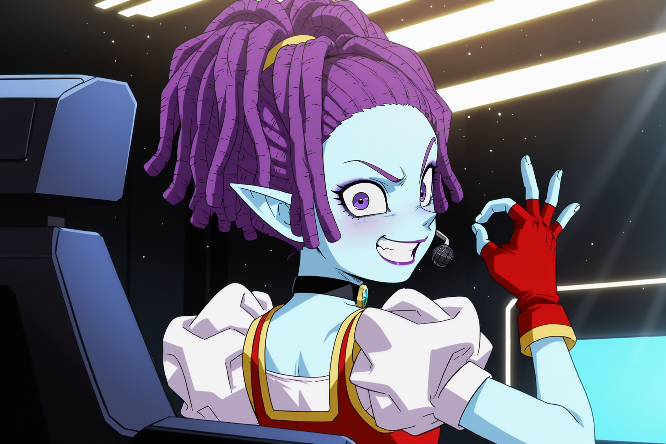 anime screencap, masterpiece, best quality, amazing quality, very aesthetic, absurdres,  newest, (scenery, volumetric lighting), official style, light particles, light rays,
mackidbs, 1girl, comic, solo, smile, purple eyes, purple hair, pointy ears, looking back, fingerless gloves, grin, microphone, blue skin, ok sign, monitor, dreadlocks, clenched teeth, eyebrows, eyelashes, gold trim, forehead, from behind, makeup, pointy nose, puffy short sleeves, purple lips, red dress, red gloves, scrunchie, sitting on chair, spacecraft interior, choker, teeth, surprised, v-shaped eyebrows, tied hair, wide-eyed, white undershirt
 <lora:DBS_Girls_Pack_2_IL:0.8>