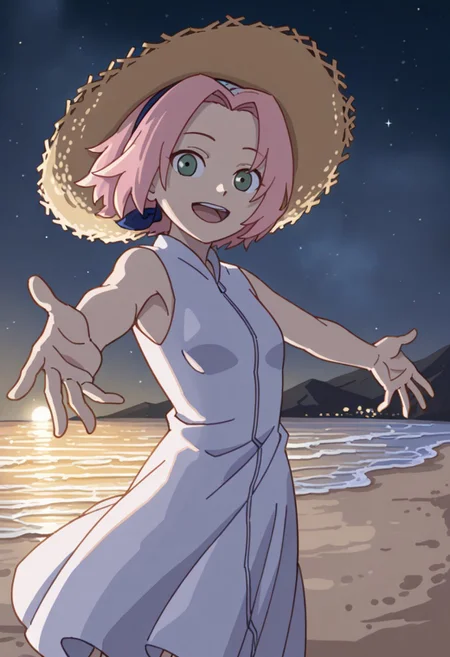 Score_9_up, score_8_up, score_7_up, source_anime, Expressiveh, perfect eyes, 1girl, solo, 1girl, haruno sakura, pink hair, short hair, green eyes, slim body,Small breasts,
white dress, sleeveless, standing, looking at viewer, sun hat, open mouth, outstretched arms, beach, happy,night,stars,beautiful eyes,
masterpiece,dynamic lighting,beautiful lighting
