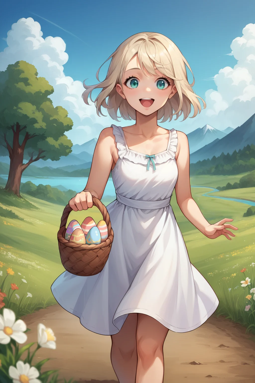 score_9, score_8_up, score_7_up, source_anime, cowboy shot, looking at viewer, smile, open mouth, surprised, 1girl, short hair, platinum blonde hair, aqua eyes, bangs, sundress, holding basket, running, outdoors, easter egg, field, flower, tree, lake, mountain
