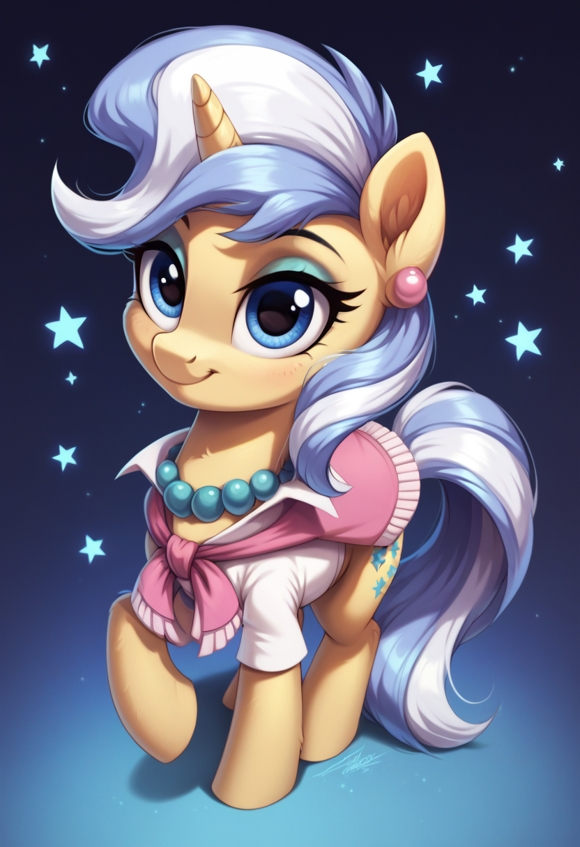 score_9, score_8_up, score_7_up, score_6_up, score_5_up, score_4_up, my little pony, ((feral pony)),   1girl, ((solo)), (sexy),beautifully detailed, (detailed cute pony face), ((detailed blue starry background:1.5)), ((woman)), high angle, (cute smile:1.0), ((up-close))  1girl, ((solo)), (sexy), full body,    <lora:Upper Crust:1>Upper Crust
<lora:OtherStyle_01:1> <lora:Wholesome_MLP-v1.0:1>