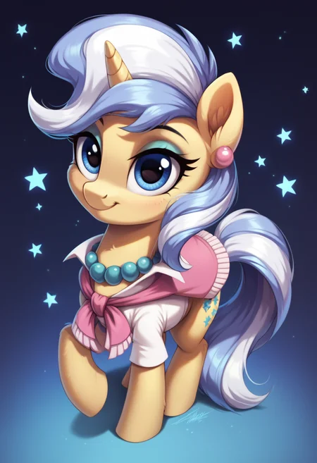 score_9, score_8_up, score_7_up, score_6_up, score_5_up, score_4_up, my little pony, ((feral pony)), 1girl, ((solo)), (sexy),beautifully detailed, (detailed cute pony face), ((detailed blue starry background:1.5)), ((woman)), high angle, (cute smile:1.0), ((up-close)) 1girl, ((solo)), (sexy), full body, <lora:Upper Crust:1>Upper Crust
<lora:OtherStyle_01:1> <lora:Wholesome_MLP-v1.0:1>