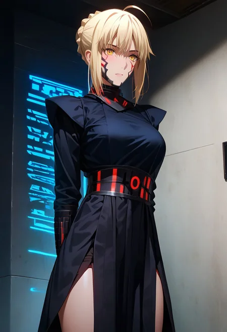 (score_9, score_8_up, score_7_up, high quality, best quality, ultra-detailed, very aesthetic, illustration, perfect composition, intricate details, absurdres, high res image, masterpiece, vibrant colors, beautiful face, detailed face, 1girl, solo focus, single character, perfect eyes, detailed eyes, female), SaberAlter, dark persona, corruption, blonde hair, yellow eyes, short hair, french braid, ahoge, pale skin, thick thighs, perfect body, voluptuous, large breasts, curvy body, narrow-waisted, (sith outfit, black robes), (hands behind back, blushing), (sci-fi, star wars(series), large corridor, spaceship interior)