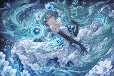 1girl, solo, long hair, hatsune miku, twintails, very long hair, dress, blue hair, gloves, full body, blue eyes, floating, looking at viewer, hair ornament, sleeveless, black gloves, multicolored hair, facial mark, sleeveless dress, flower, parted lips, absurdly long hair, elbow gloves, white dress, hair between eyes, bare shoulders, abstract background, energy , blue blue theme, universe, cowboy shot, ,masterpiece,best quality,amazing quality,