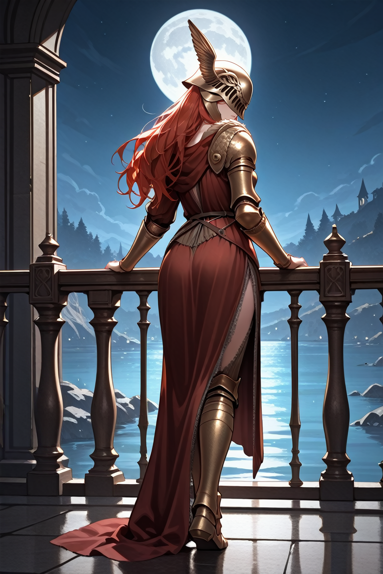 masterpiece, best quality, absurdres,
<lora:ILERMalenia:0.8>
ERMalenia, 1girl, helmet, covered eyes, long hair, red hair, armor, looking at viewer, from behind, night sky, railing, full body, looking back, moon