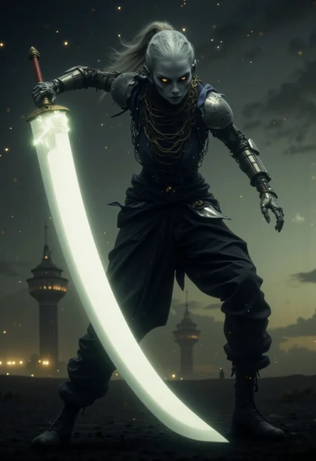 A breathtaking, cinematic shot showcases a terribly beautiful and expertly lethal biosynthetic humanoid woman wielding an unbelievably massive sword more than twice her own size. The scene is set in the dim twilight, with backlighting that creates a dramatic, atmospheric glow, illuminating unknown elements swirling in the air and emphasizing the sharp edges of her frightening visage. The giant sword seems to cut right through the air itself as she swings it with finesse and grace, making every movement almost appear as an extension of herself. Her eyes are mesmerizingly beautiful synthetic creations, though an entirely unnatural color, while her white matte translucent ethereal synthetic skin has a texture almost like frosted glass or polished alabaster. Soft diffused lighting, subtle light scattering, soft refractions, gentle highlight diffusion, muted reflections, and soft-focus translucency contribute to the image's hauntingly beautiful aesthetic. The scene is chilling, intense, and evokes a sense of wonder at this biosynthetic creation's power, grace, and lethality., <lora:Elden_Ring_-_Yoshitaka_Amano:0.6000000000000001>,<lora:apoclypse02-style-000019:0.52> apoclypse,<lora:The_Vanguard:0.44> SentinelBot, <lora:ssw:0.75> giant sword