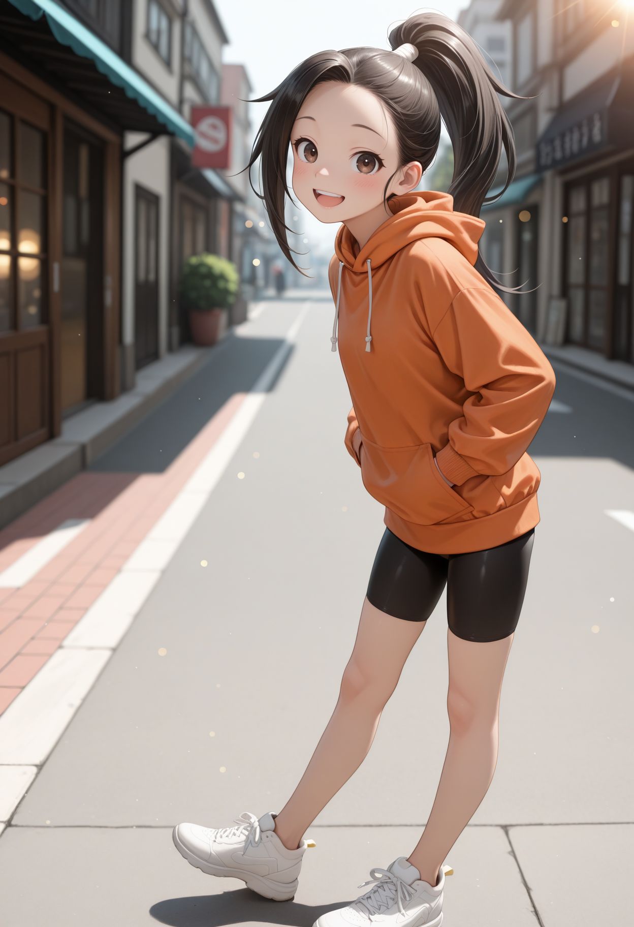 masterpiece,best quality,absurdres,highres,very aesthetic,high quality,detailed,insanely detailed,beautiful,perfect lighting, ,depth of field,blurry background,bokeh, looking at viewer, 
standing, street, smile, 
  <lora:Tsubaki illu:1> 1girl, hood down, black hair, brown eyes, orange hoodie, bike shorts, simple background, blush, high ponytail, shoes, drawstring, open mouth, looking at viewer, smile, black shorts, white footwear, :d, upper teeth only, hands in pockets, long sleeves, short shorts
