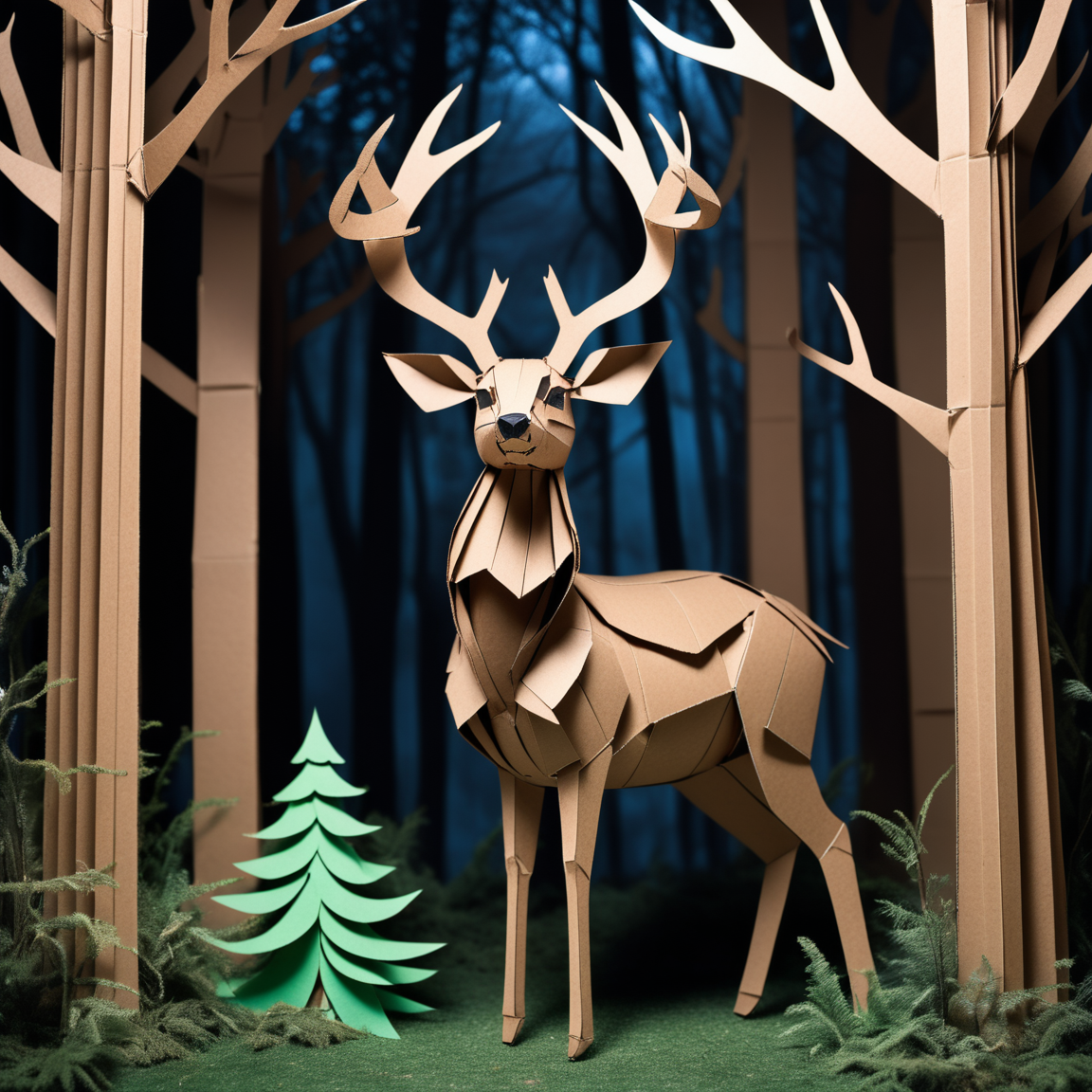 Photorealistic deer made from cardboard boxes, intricate details, lifelike yet fantastical, detailed textures, realistic antlers crafted from corrugated cardboard, layered and three-dimensional, high contrast, natural cardboard colors, cardboard forest background, trees and grass crafted from cardboard, ethereal lighting, whimsical and imaginative