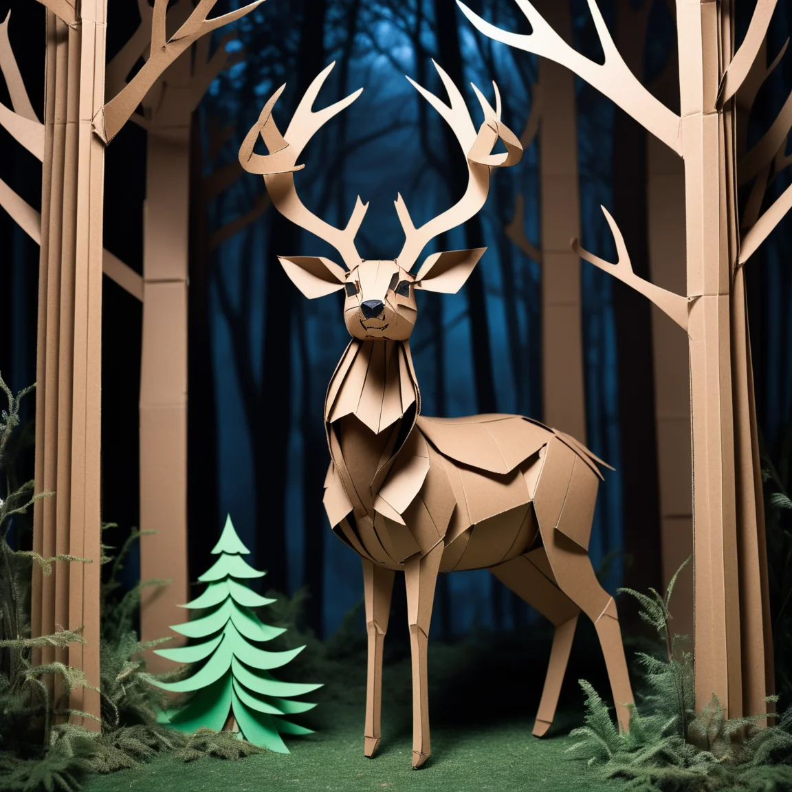 Photorealistic deer made from cardboard boxes, intricate details, lifelike yet fantastical, detailed textures, realistic antlers crafted from corrugated cardboard, layered and three-dimensional, high contrast, natural cardboard colors, cardboard forest background, trees and grass crafted from cardboard, ethereal lighting, whimsical and imaginative