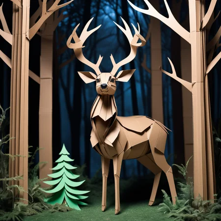 Photorealistic deer made from cardboard boxes, intricate details, lifelike yet fantastical, detailed textures, realistic antlers crafted from corrugated cardboard, layered and three-dimensional, high contrast, natural cardboard colors, cardboard forest background, trees and grass crafted from cardboard, ethereal lighting, whimsical and imaginative