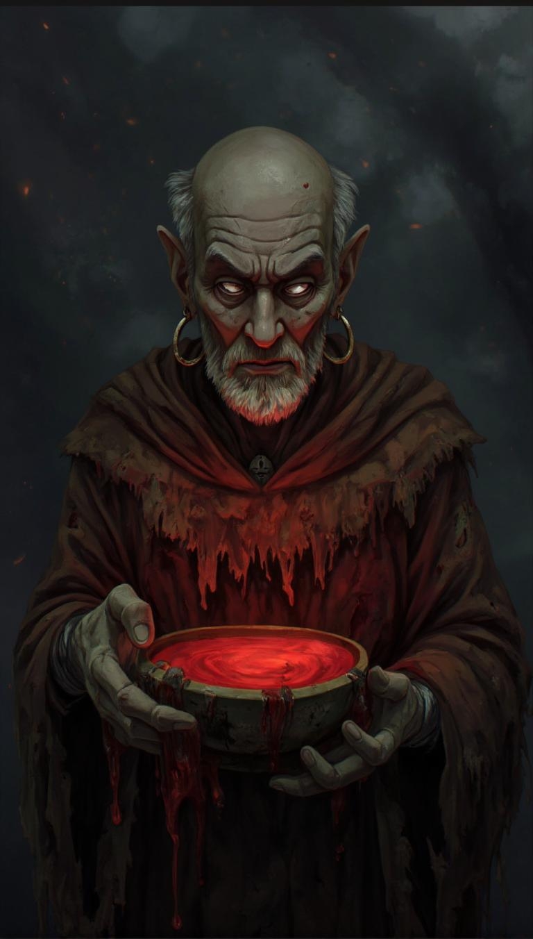 <lora:ck-LttleGhost-000011.safetensors:1> in the style of ck-lttlegh0stAn elderly man, weathered and worn, holds a glowing red liquid in a bowl. He wears ancient hoop earrings and a tattered, frayed cloak with cracked hands that grasp like skeletal fingers. The background is shrouded in mist and dark tones, exuding an eerie atmosphere of foreboding and darkness.
