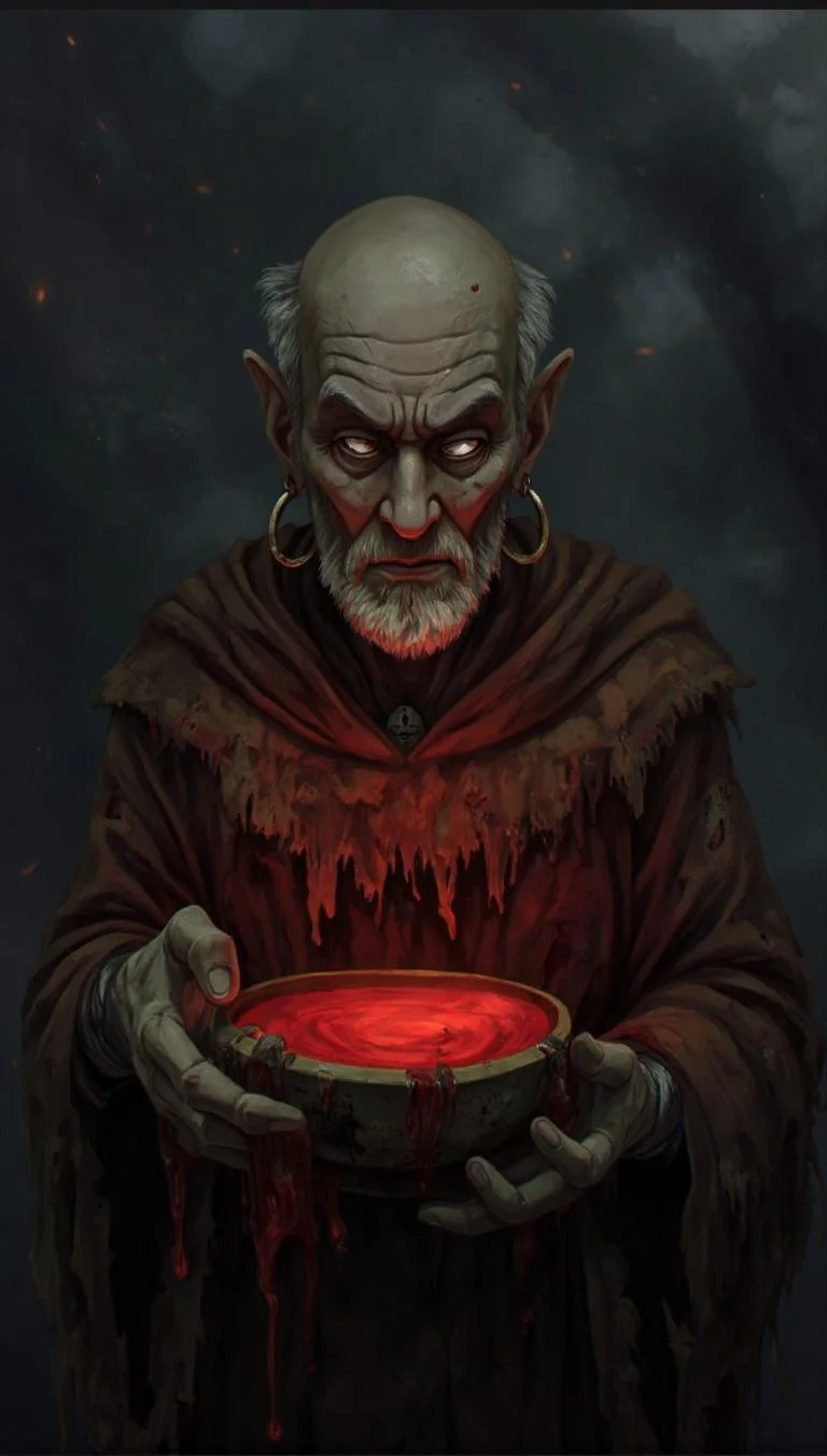 <lora:ck-LttleGhost-000011.safetensors:1> in the style of ck-lttlegh0stAn elderly man, weathered and worn, holds a glowing red liquid in a bowl. He wears ancient hoop earrings and a tattered, frayed cloak with cracked hands that grasp like skeletal fingers. The background is shrouded in mist and dark tones, exuding an eerie atmosphere of foreboding and darkness.