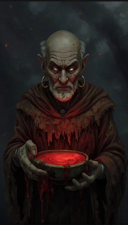 <lora:ck-LttleGhost-000011.safetensors:1> in the style of ck-lttlegh0stAn elderly man, weathered and worn, holds a glowing red liquid in a bowl. He wears ancient hoop earrings and a tattered, frayed cloak with cracked hands that grasp like skeletal fingers. The background is shrouded in mist and dark tones, exuding an eerie atmosphere of foreboding and darkness.