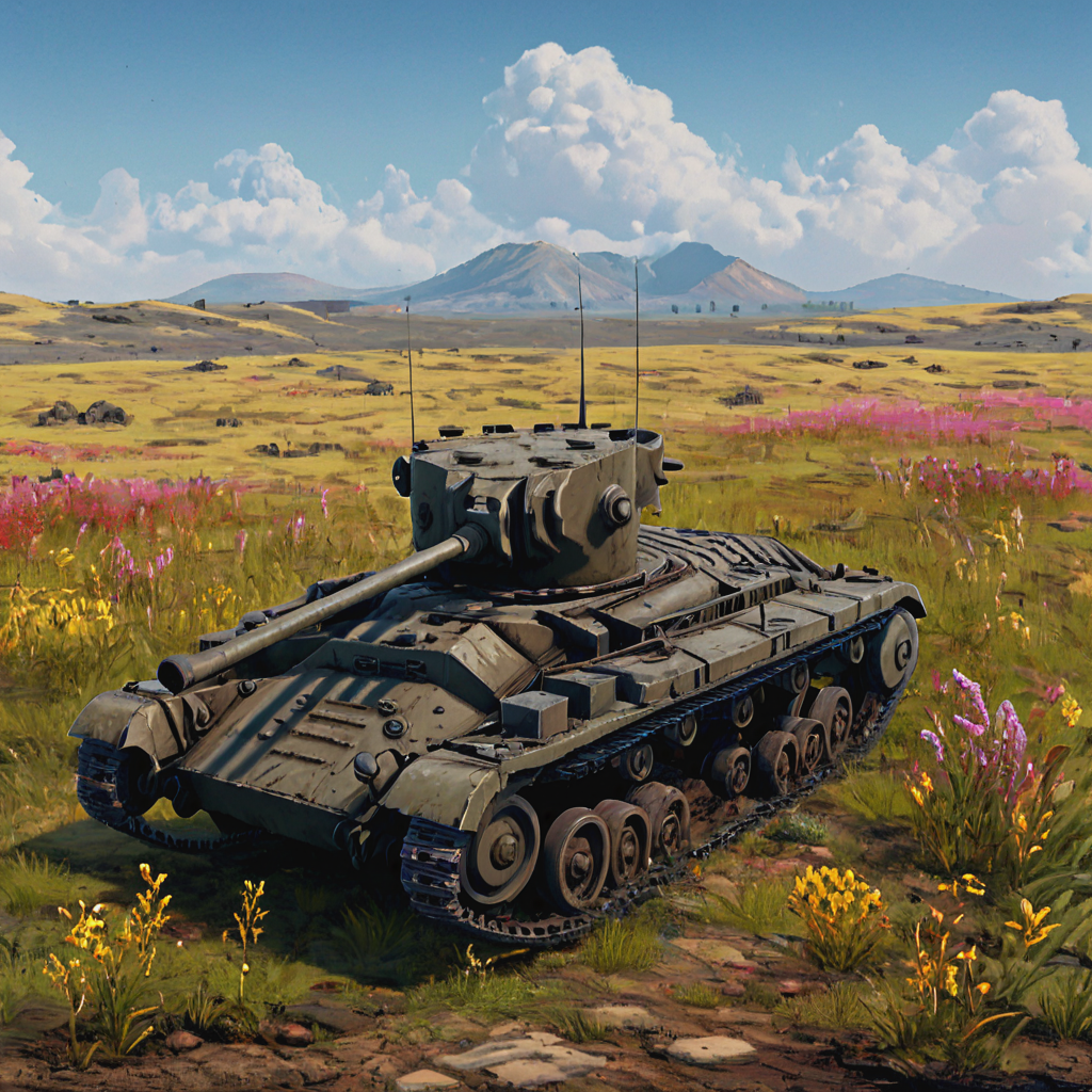 An abandoned tank rests in a field in the aftermath of the conflict, overgrown with flowers and grass, a poignant reminder of the war's end. The serene and peaceful landscape contrasts sharply with the tank's original purpose, serving as a memorial to the battles it survived  ((pulp_comic, heavy_lines, hand_drawn, hand_inked, hand_colored, perfect_face, apxlz))