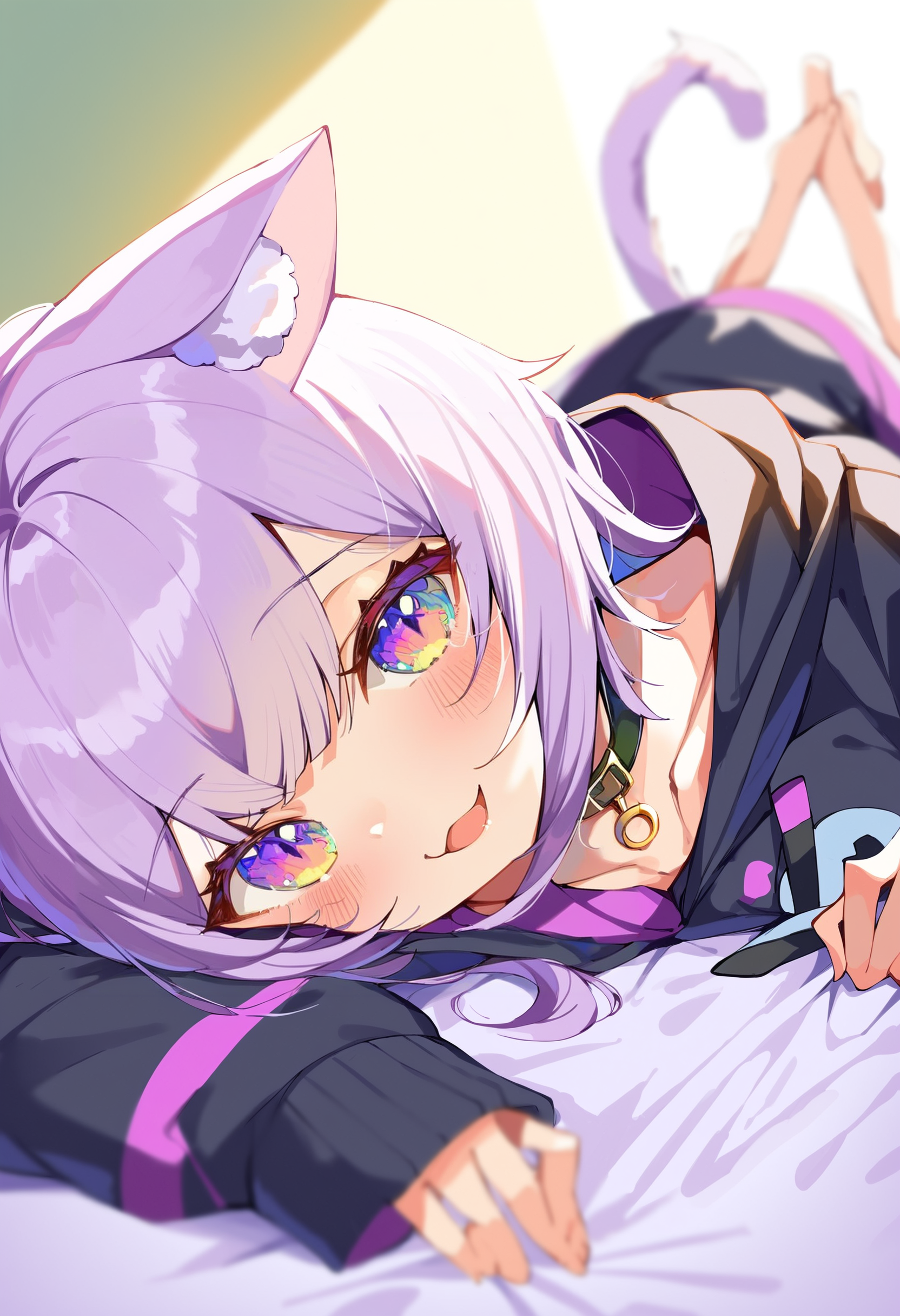 score_9, score_8_up, score_7_up, score_6_up, source anime,
nekomata okayu, nekomata okayu default, animal ear fluff, black hoodie, onigiri print,
1girl, solo, cat tail, lying, looking at viewer, on stomach, collar, open mouth, collarbone, blush, barefoot, bed sheet, smile,
depth of field, close-up, soft focus
<lora:nekomata_okayu_v2:1>