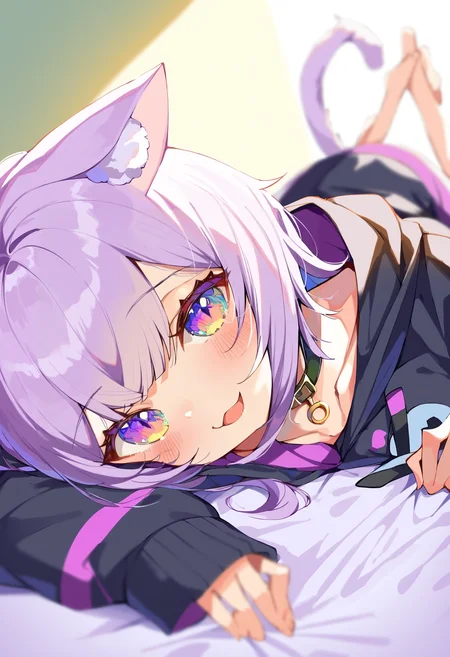 score_9, score_8_up, score_7_up, score_6_up, source anime,
nekomata okayu, nekomata okayu default, animal ear fluff, black hoodie, onigiri print,
1girl, solo, cat tail, lying, looking at viewer, on stomach, collar, open mouth, collarbone, blush, barefoot, bed sheet, smile,
depth of field, close-up, soft focus
<lora:nekomata_okayu_v2:1>