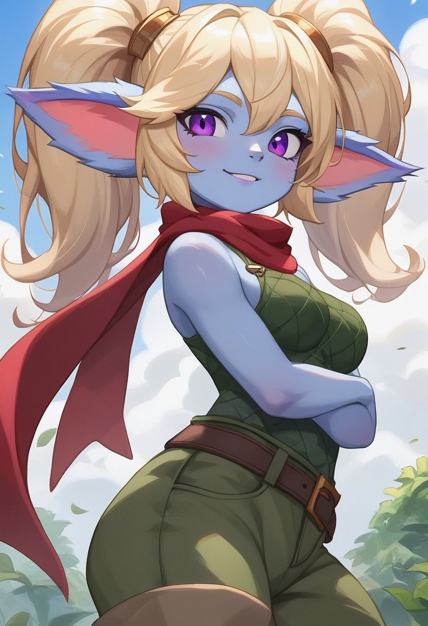score_9,score_8_up,score_7_up,detailed eyes, beautiful, detailed background, perfect eyes,source_anime, very aesthetic, anime screencap, anime coloring,source_furry,
1girl,Poppy,lol,yordle,colored skin,blue skin,medium breasts,fluffy ears,blonde hair,twintails,purple eyes,red scarf, green snakeskin shirt,green snakeskin pants,brown boots,side view,looked at viewer, Cosplay Party,