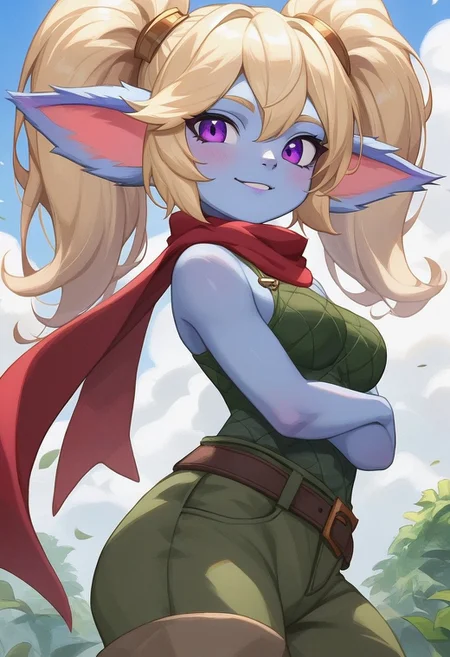 score_9,score_8_up,score_7_up,detailed eyes, beautiful, detailed background, perfect eyes,source_anime, very aesthetic, anime screencap, anime coloring,source_furry,
1girl,Poppy,lol,yordle,colored skin,blue skin,medium breasts,fluffy ears,blonde hair,twintails,purple eyes,red scarf, green snakeskin shirt,green snakeskin pants,brown boots,side view,looked at viewer, Cosplay Party,
