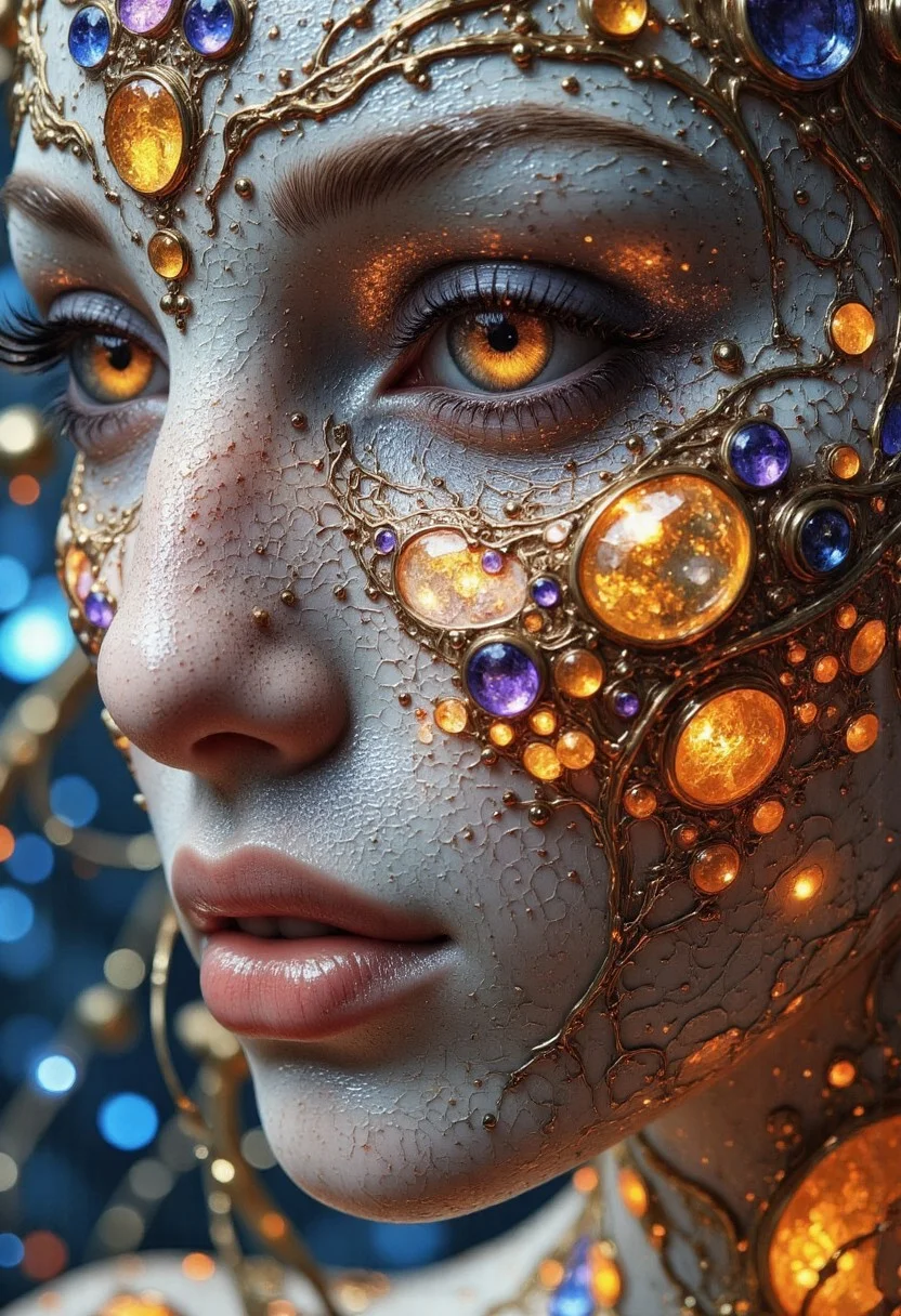 An ultra close-up portrait of a woman’s face, filling the entire frame, leaving no visible background. Her skin is not flesh but an intricate mosaic of delicate, small stained glass panels, each piece a shimmering array of sapphire blues, fiery oranges, and amethyst purples. The glass is smooth, flawless, and seamlessly fitted, reflecting soft, ambient light that dances across the curved contours of her cheeks, nose, and brow. Her eyes are pure liquid gold, shifting and flowing like sunlit honey, glowing faintly from within. The light inside her irises moves hypnotically, creating a mesmerizing sense of depth. Each blink is slow and deliberate, as if time itself lingers in her gaze. Her lips are translucent, infused with deep ruby and amber hues, their surface polished like molten glass. When she parts them slightly, the sound of wind chimes fills the air, delicate and melodic, as though her breath carries a faint celestial resonance. The stained glass panels shift in tone as light passes through, casting fleeting reflections of color onto her own features. Tiny, golden filaments run along the edges of each glass piece, forming an intricate network of organic, vein-like patterns that pulse faintly, as if carrying a hidden energy within. The soft glow from within her face creates a dreamlike, ethereal quality, giving the impression that she is not entirely of this world—part divine artifact, part living being.