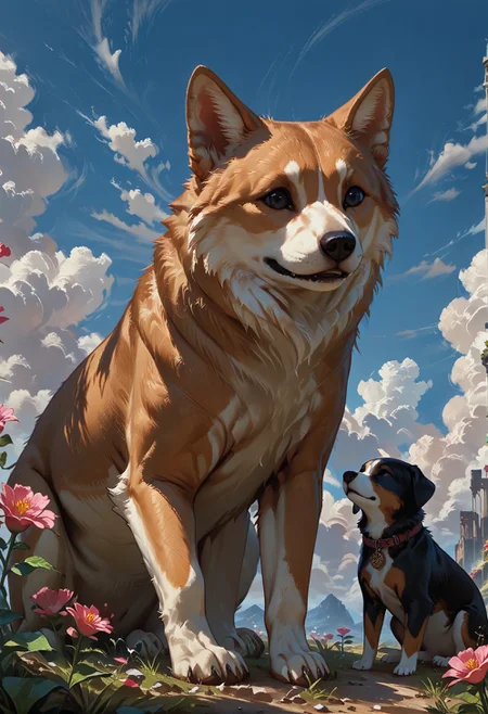 score_9,score_8_up,score_7_up,embedding:zPDXL2, masterpiece,best quality,highly detailed,detailed background, film grain,colorful,hand person,Expressiveh, , flower, outdoors, sky, day, cloud, blue sky, no humans, animal, cloudy sky, pink flower, dog, animal focus, no humans,shiba inu<lora:增强\(增强)sdxl_lightning_8step_lora.safetensors:1.0:1.0> <lora:风格\收藏\Concept Art DarkSide Style LoRA_Pony XL v6.safetensors:1.0:1.0> <lora:增强\(增强)Expressive_H-000001.safetensors:0.8:0.8> <lora:增强\(增强)Hands XL 4.safetensors:1.0:1.0> <lora:增强\glowneon_xl_v1.safetensors:1.0:1.0> <lora:Vixon\Vixon's Pony Styles Feelfal.safetensors:0.8:0.8>