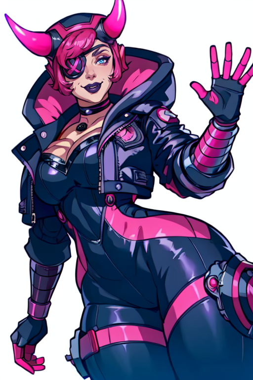 masterpiece,best quality,extreme detail,8k,white background,<lora:wattson:0.8>,wattson,1girl,solo,breasts,looking at viewer,smile,blue eyes,gloves,cleavage,jacket,pink hair,horns,choker,hood,character name,official alternate costume,black jacket,black headwear,bodysuit,makeup,eyepatch,lipstick,hooded jacket,one eye covered,black bodysuit,logo,electricity,cable,mechanical arms,single mechanical arm,purple lips,cyberpunk,black lips,mechanical legs,