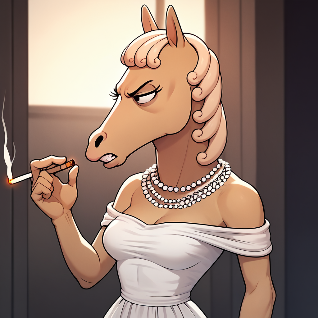 score_9, score_8_up, score_7_up, score_6_up, score_5_up, score_4_up, BREAK  <lora:beatriceh:1> beatriceh, anthro, pearl necklace, breasts, white dress, half-closed eyes, looking to the side, angry, holding cigarette,