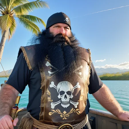 powerbeard, pirate captain, 17th century, long black wig, tall, burly, black hair, hairy arms, galleon, standing on main deck, skull and crossbones flag, jolly roger, rigging, rope coil, half full antique rum bottles, tropical inlet, aqua water, sun reflections on water, late afternoon, palm trees, distant mountains, detailed background, shadows<lora:Power_Beards:1>