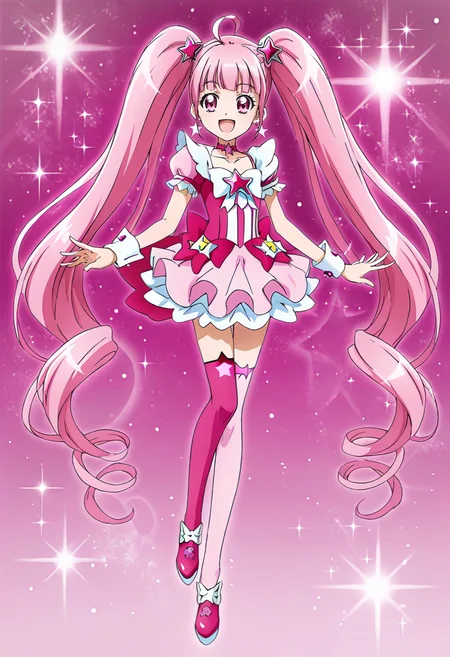 <lora:Precure:0.8> preicon, 1girl, solo, long hair, thighhighs, smile, open mouth, single thighhigh, star \(symbol\), pink hair, choker, star choker, full body, :d, looking at viewer, very long hair, star hair ornament, dress, pink eyes, hair ornament, ahoge, short dress, wrist cuffs, twintails, bangs, pink dress, blunt bangs, pink choker, shiny, pink footwear, earrings, shiny hair, pink thighhighs, jewelry, magical girl, asymmetrical legwear, sparkle, pink background,