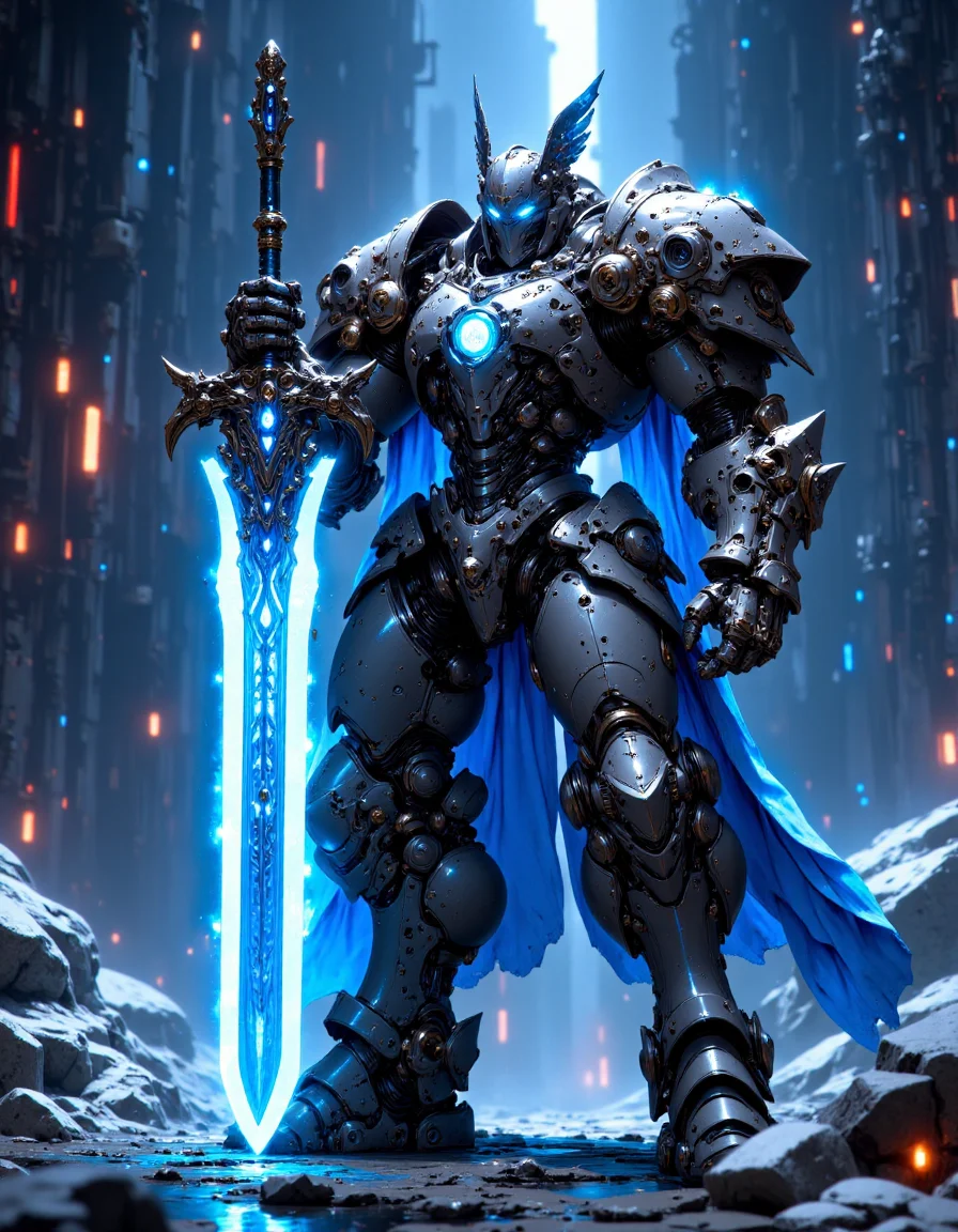 a cinematic shot of a mechanical robotic knight, glowing blue core, holding a giant blue glowing plasma sword by the handle, mecha wings on helmet, futuristic background, HKStyle, mythp0rt <lora:FluxFantasyKnightV2Test:0.95> <lora:FluxMythP0rtr4itStyle:0.85>