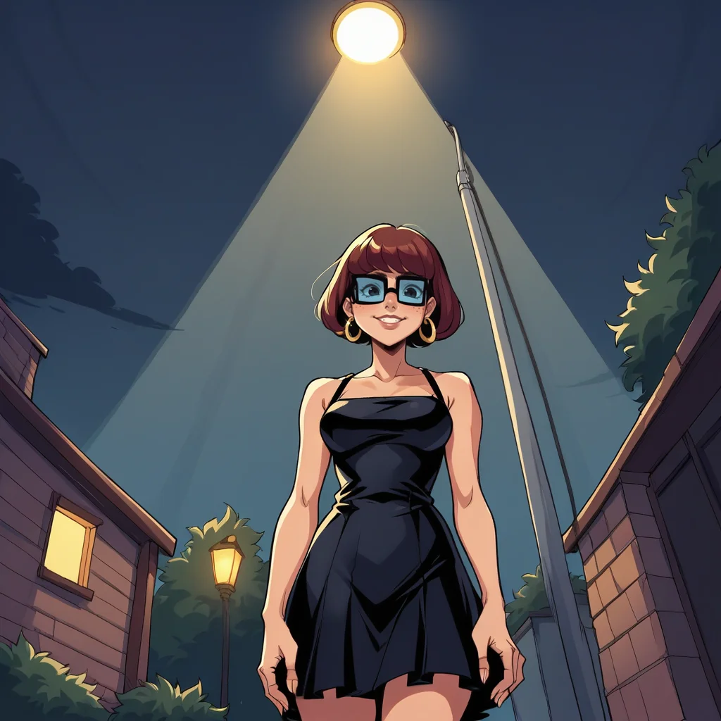 score_9, score_8_up, score_7_up, score_6_up, score_5_up, score_4_up, zPDXL2,source_anime,rating_questionable,1girl,smile,black dress, gold hoop earrings, Velma Dinkley From Scooby Doo <lora:streetlight:0.8> str33tl1ght,below lamppost, spotlight, outdoors, night sky