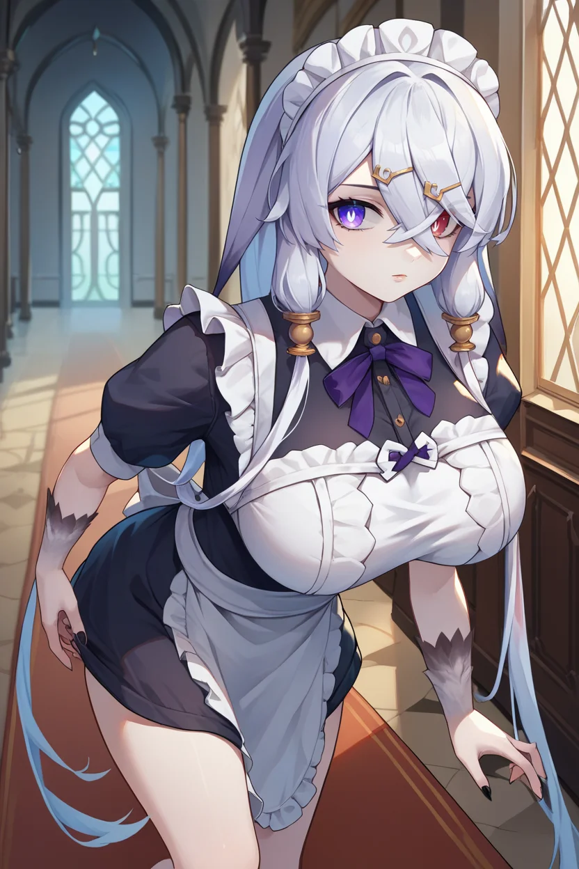 score_9, score_8_up, score_7_up, score_6_up, source_anime, 1girl, solo, <lora:liladecyrus-pdxl-nvwls-v1-000006:1> defLila, white hair, low twintails, very long hair, crossed bangs, heterochromia, purple eyes, red eyes, pale skin, large breasts, maid headdress, maid dress, looking at you, mansion, fur, black nails, hallway, carpet, white apron
