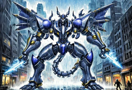 score_9, score_8_up, score_7_up, score_6_up, score_5_up, score_4_up,rating safe,source_anime,a mecha dorugoramon with energy thrusters holding an energy lance in a city with a deluge of rain falling from the sky,epic,apocalyptic,biomechanical,giant robot,weapon,holding weapon