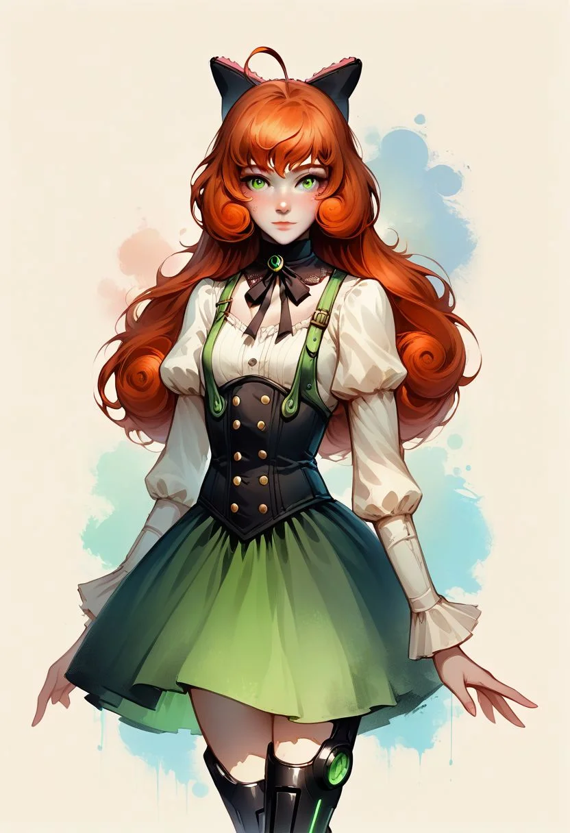Faded Headshot, faded bottom, faded edges ,score_9,score_8_up,score_7_up,score_6_up,score_5_up,
1girl, Penny Polendina, \(RWBY\),(ultra HD quality details), green eyes, ginger hair,
long hair,
neck ribbon, suspender skirt, corset, white blouse, long sleeves, mechanical legs, neon trim, black bow,
perfect anatomy, perfect face, abstract beauty, beautiful, centered, looking at the camera, approaching perfection, dynamic, moonlight, highly detailed, watercolor painting, artstation, concept art, smooth, sharp focus, illustration,
small breasts,
