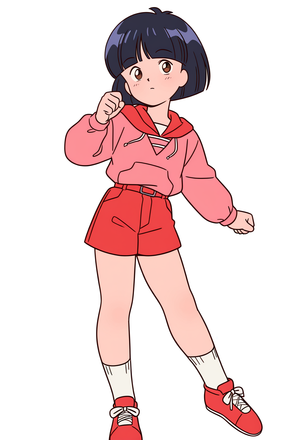 masterpiece, best quality, very aesthetic, absurdres, 1girl, solo, 1990s \(style\),
<lora:shikatani_uiba_v01:0.9>, shikatani_uiba, black hair, short hair, bob cut, blunt bangs, brown eyes,
red hood, pink hoodie, long sleeves, red shorts, white socks, red sneakers, posing