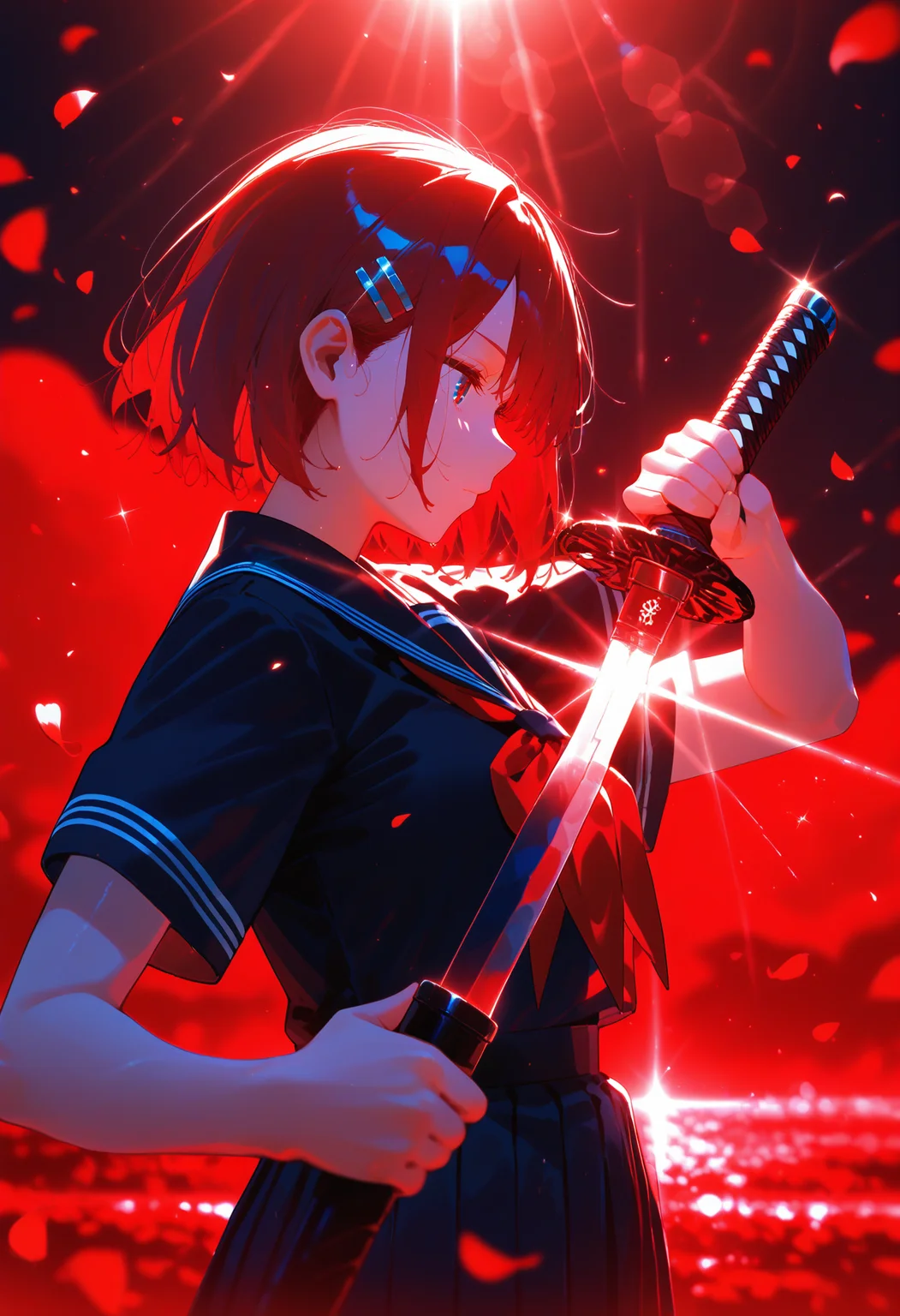 <lora:EtherPDXLStyleXL:1>, best quality, masterpiece, EtherPDXLStyle, 1girl, holding weapon, holding sword, unsheathing, red theme, black serafuku, school uniform, red neckerchief, holding sheath, short hair, katana, hair ornament, hairclip, black sailor collar, from side, red hair, short sleeves, closed mouth, falling petals, profile, upper body, glint, red background, diffraction spikes, black shirt, pleated skirt, drawing sword, blurry, blue eyes, black skirt, scabbard, lens flare