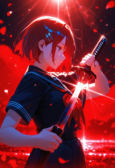 <lora:EtherPDXLStyleXL:1>, best quality, masterpiece, EtherPDXLStyle, 1girl, holding weapon, holding sword, unsheathing, red theme, black serafuku, school uniform, red neckerchief, holding sheath, short hair, katana, hair ornament, hairclip, black sailor collar, from side, red hair, short sleeves, closed mouth, falling petals, profile, upper body, glint, red background, diffraction spikes, black shirt, pleated skirt, drawing sword, blurry, blue eyes, black skirt, scabbard, lens flare