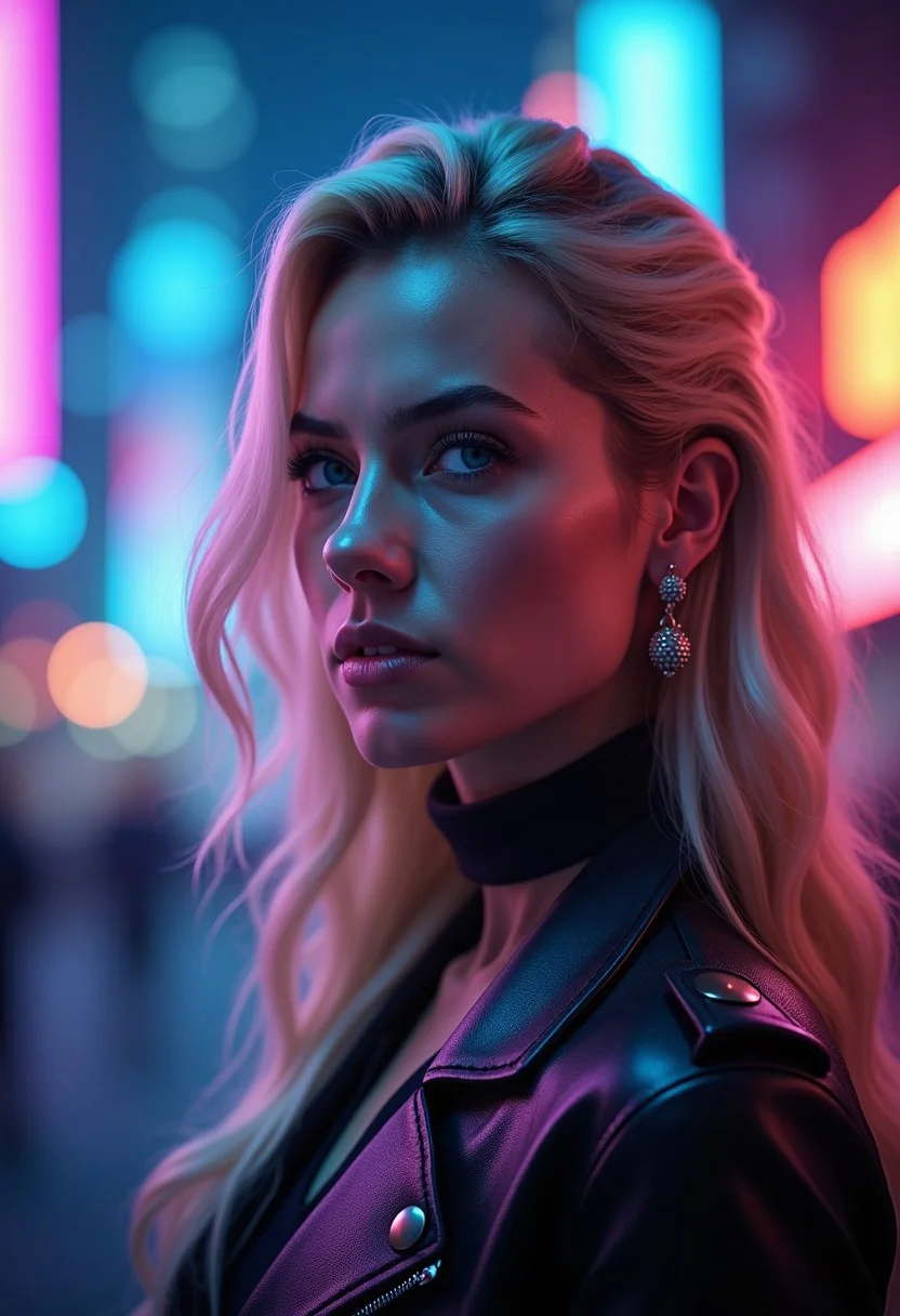 A stunning blonde female in a profile portrait, her sharp features highlighted by the neon glow around her. Her piercing blue eyes lock onto the viewer with an intense, Amazonian gaze, radiating confidence and power. The background is a futuristic cityscape at night, a blur of towering skyscrapers and glowing neon signs that blend into a kaleidoscope of colors. A neon color gradient overlays the scene, casting her face in hues of electric blues, purples, and pinks. Soft bokeh lights dance across the image, creating a dreamlike effect, while the light catches the delicate strands of her hair, making them shimmer like spun gold. The atmosphere is electric and surreal, the neon lights reflecting in her eyes, enhancing her allure with a vibrant, otherworldly beauty.