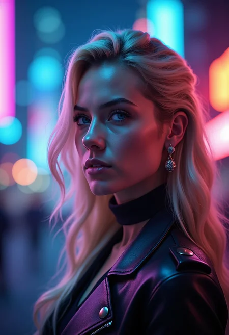A stunning blonde female in a profile portrait, her sharp features highlighted by the neon glow around her. Her piercing blue eyes lock onto the viewer with an intense, Amazonian gaze, radiating confidence and power. The background is a futuristic cityscape at night, a blur of towering skyscrapers and glowing neon signs that blend into a kaleidoscope of colors. A neon color gradient overlays the scene, casting her face in hues of electric blues, purples, and pinks. Soft bokeh lights dance across the image, creating a dreamlike effect, while the light catches the delicate strands of her hair, making them shimmer like spun gold. The atmosphere is electric and surreal, the neon lights reflecting in her eyes, enhancing her allure with a vibrant, otherworldly beauty.