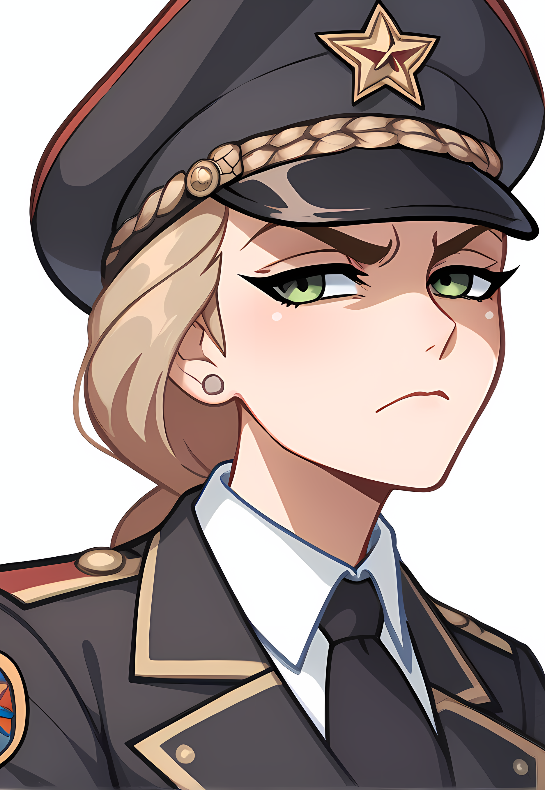 score_9, score_8_up, score_7_up, score_6_up, score_5_up, score_4_up, source_anime
BREAK
katyastick, 1 girl, solo, closed mouth, solo, saluting, black soviet trenchcoat, black soviet officer cap, soviet officer uniform
BREAK
white background <lora:Katya_Stick:0.75>
