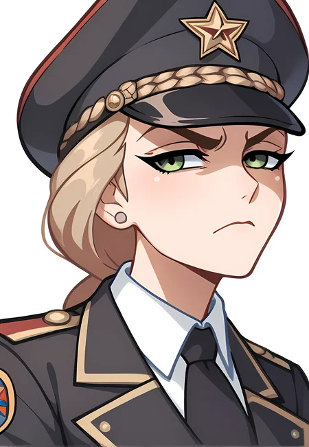 score_9, score_8_up, score_7_up, score_6_up, score_5_up, score_4_up, source_anime
BREAK
katyastick, 1 girl, solo, closed mouth, solo, saluting, black soviet trenchcoat, black soviet officer cap, soviet officer uniform
BREAK
white background <lora:Katya_Stick:0.75>