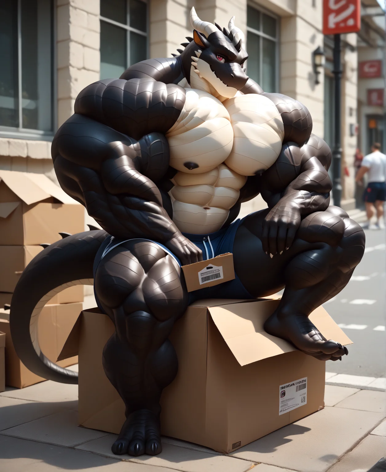 score_9, score_8_up, score_7_up, masterpiece, Anthropomorphic black dragon, white belly,There is a pair of beautiful dragon horns, black dragon scales,1 tail, very muscular body, hyper muscles, nice, only shorts, sitting in a cardboard box,street.