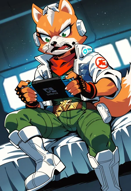 safe_pos, score_9, score_8_up, score_7_up, score_6_up, score_5_up, score_4_up, source_furry, hi res, blurred background, particles, dim lighting, spaceship, dutch angle, solo, sitting on bed, Fox McCloud, Fox, White-Jacket, Red Kerchief, Green Bodysuit, Fingerless Gloves, Belt, Headgear, Left-Scouter, Metal Boots, looking below, green eyes, open mouth, looking determined, concentrated, anthro, male, playing on nintendo switch