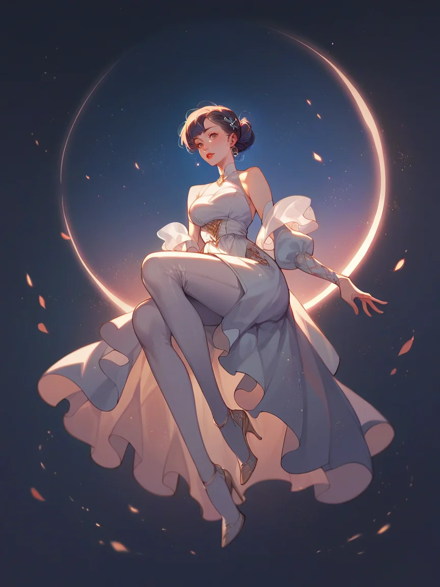source_anime, score_9, score_8_up, score_7_up, score_6_up, score_5_up, <lora:rdjXLP:0.8> rdj, light particles, 1girl, night sky, high heels, curvy