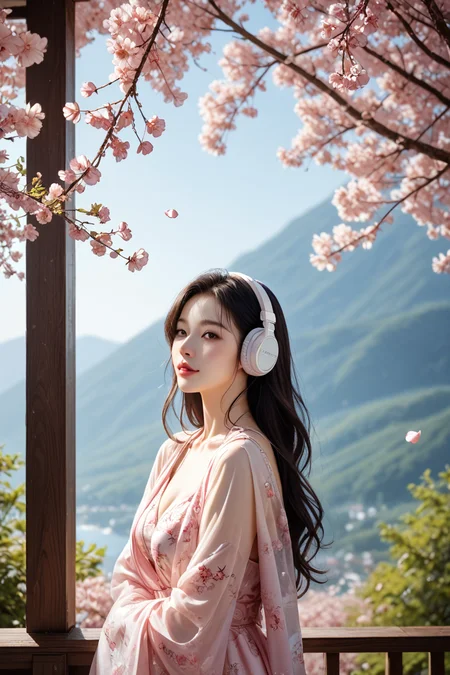 photorealistic photography of a dreamy scene of a woman perched on a cherry blossom tree, surrounded by pink petals floating in the breeze, wearing large headphones, lost in music, soft beams of sunlight breaking through the canopy, hyper-realistic, ultra-detailed floral patterns, naturalistic lighting, soft pastel colors, flowing dress fabric, intricate hair strands, relaxed and peaceful expression, ambient occlusion, ray-traced reflections, high contrast, ethereal glow, dynamic depth of field, cinematic framing, tranquil mood <lora:add-detail-xl:0.5>, <lora:Expressive_H-000001:1.2>, <lora:IzayoiLycoXL:0.3>, embedding:pureerosface_v1, A stunning real medium breasts Korean woman with long flowing dark hair, her piercing gaze directly addressing the viewer. score_9, score_8_up, score_7_up, (ultra HD quality details), High Fashion,