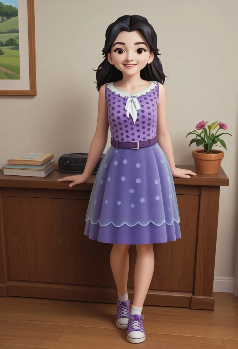 (zPDXL3) source_cartoon, solo, 1girl, full body, emma_lego, black hair, long hair, black eyes, polka dot dress, purple dress, sleeveless, belt, shoes, indoors, art gallery, sexy, dynamic angle, looking at viewer, smiling,