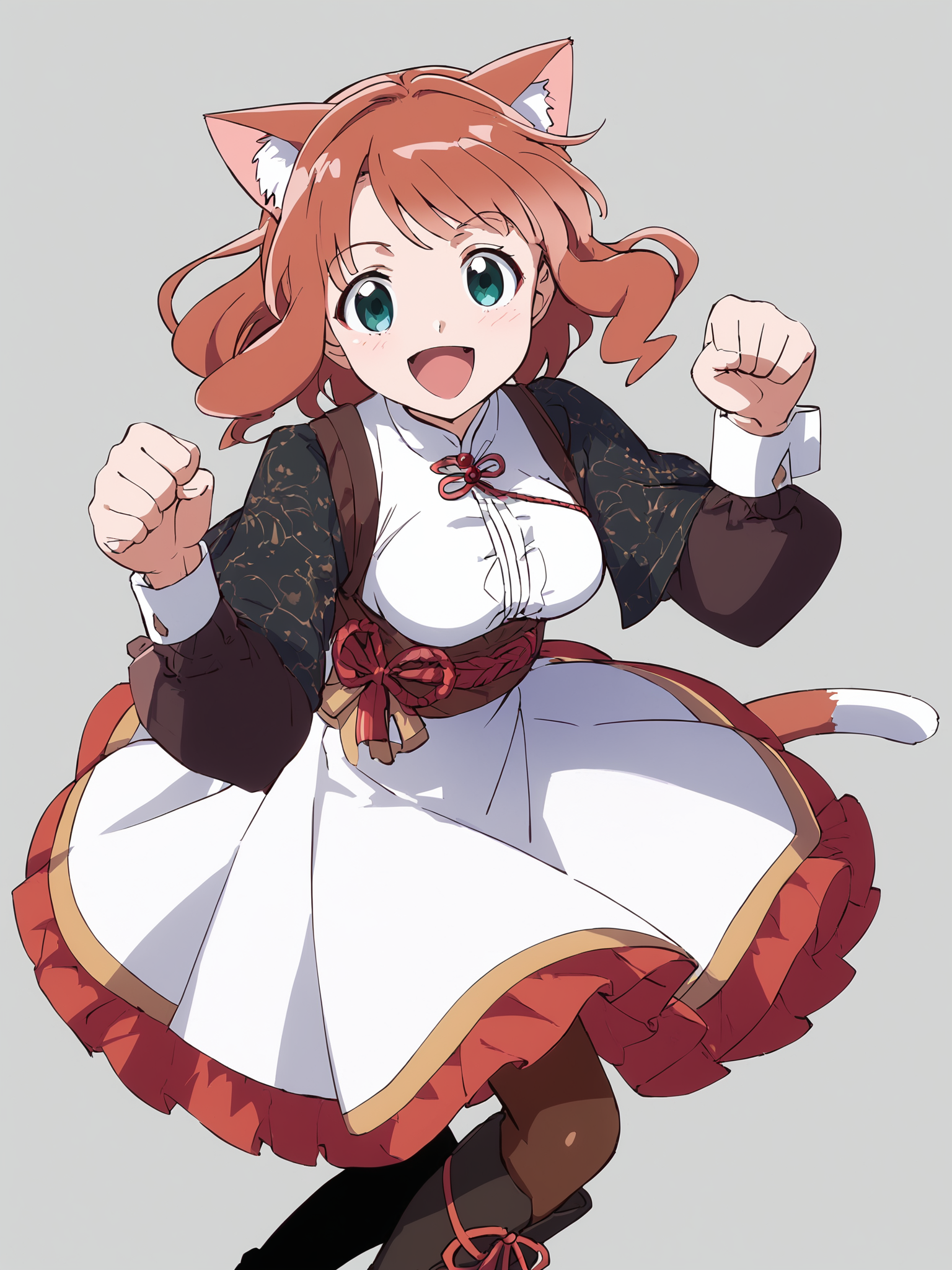 woman, 20 y/o, 20 year old, 20 year old woman, score_7_up, score_8_up, score_9, BREAK masterpiece, high quality, 1girl, <lora:Nefertima_PonyXLv3-000007:0.9>, nefertima-nema, dress, medium breasts, simple background, cat ears, cat tail, paw pose, boots, big smile, adult