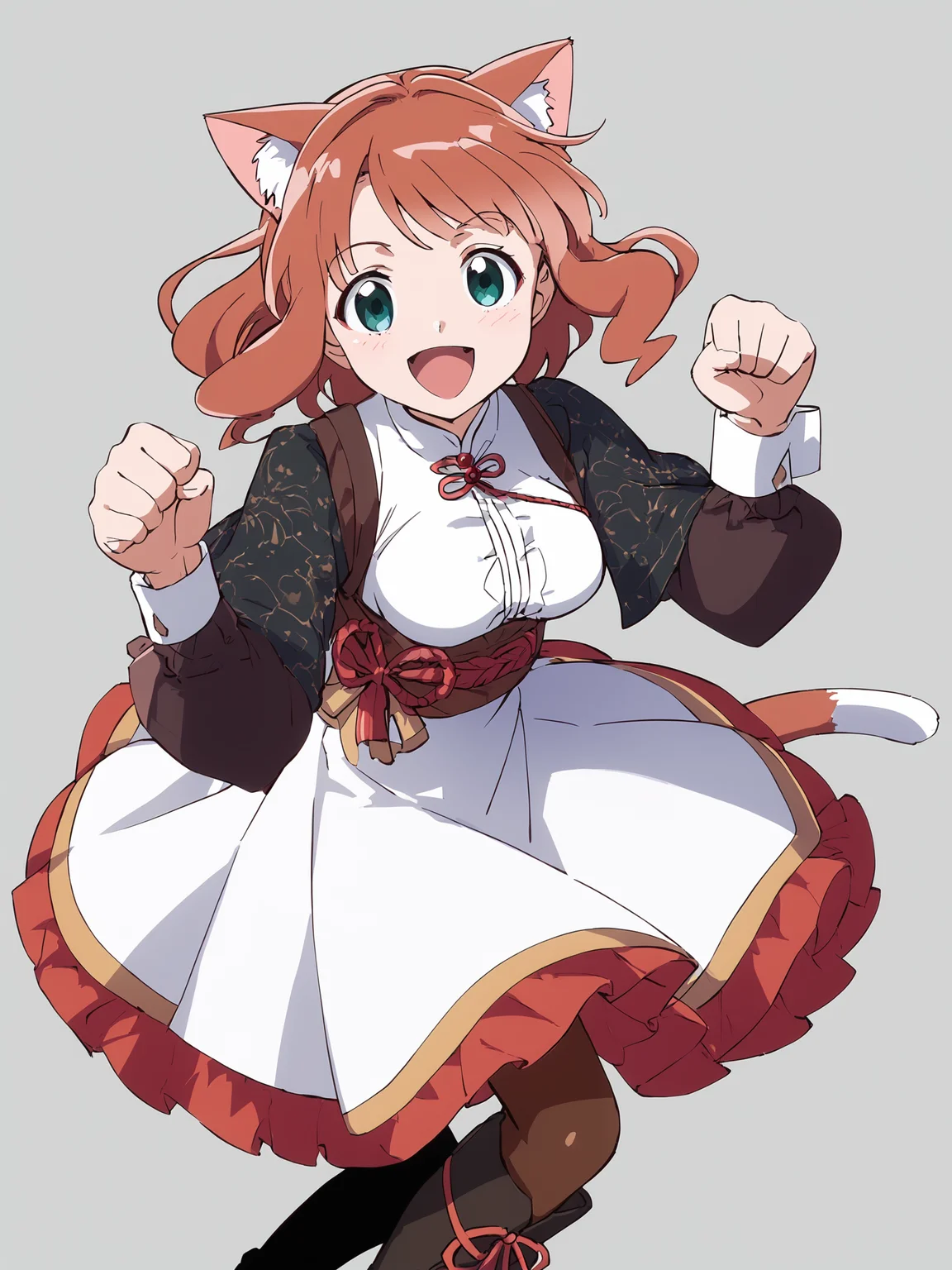 woman, 20 y/o, 20 year old, 20 year old woman, score_7_up, score_8_up, score_9, BREAK masterpiece, high quality, 1girl, <lora:Nefertima_PonyXLv3-000007:0.9>, nefertima-nema, dress, medium breasts, simple background, cat ears, cat tail, paw pose, boots, big smile, adult